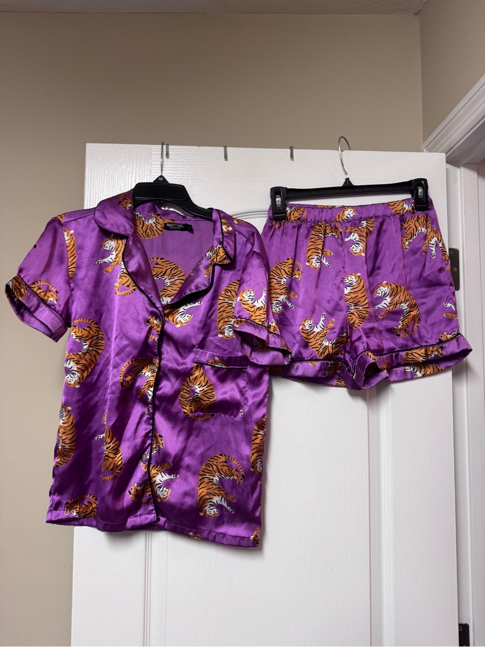 Nasty Gal Purple Satin Tiger-Print Short Pajama Set